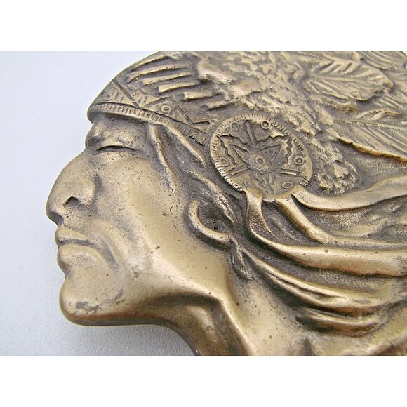 Native American Chief Headdress Belt Buckle Bronze Brass Detailed Work of Art - Picture 8 of 10